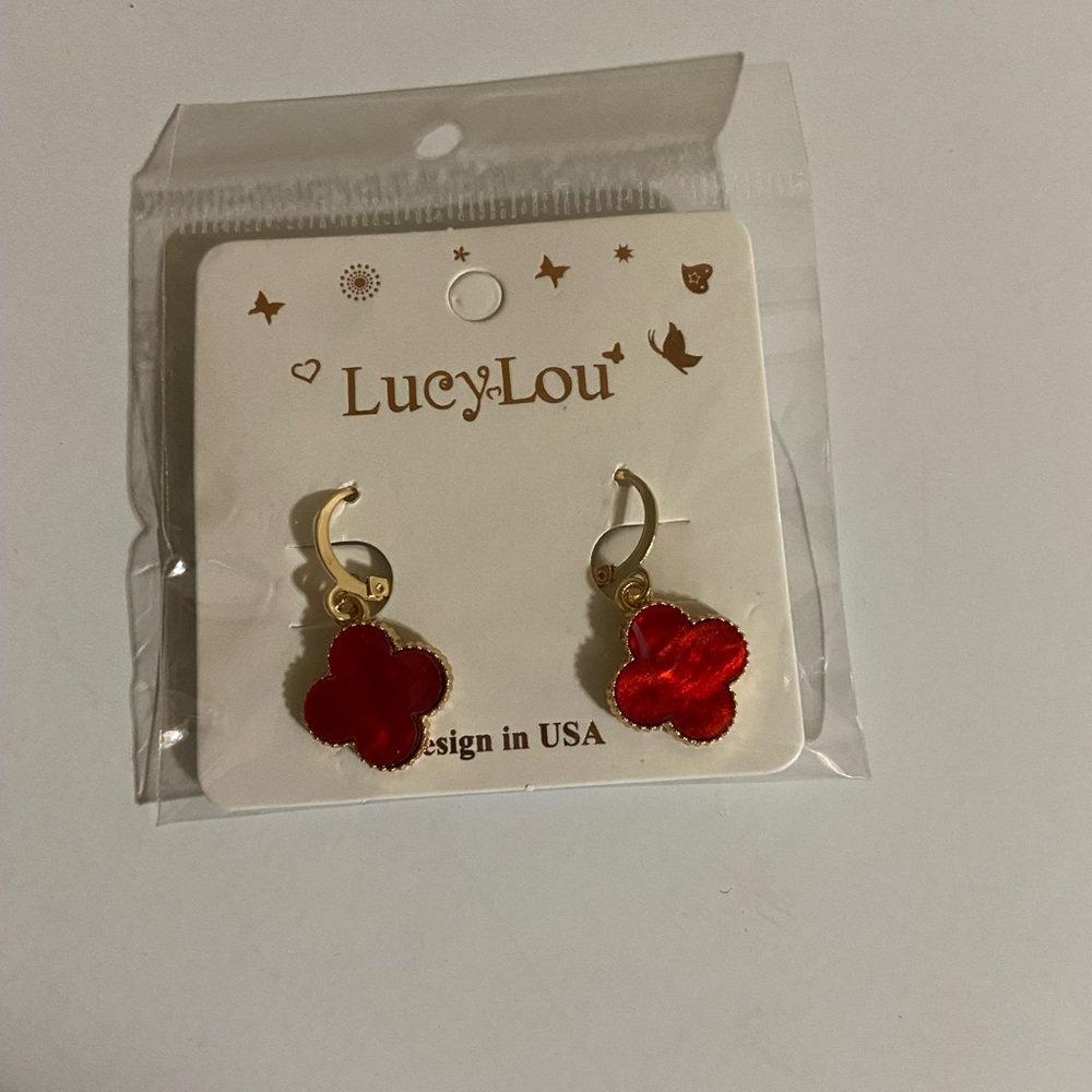 Lucy-Lou Red Clover Drop Earrings with Gold Trim